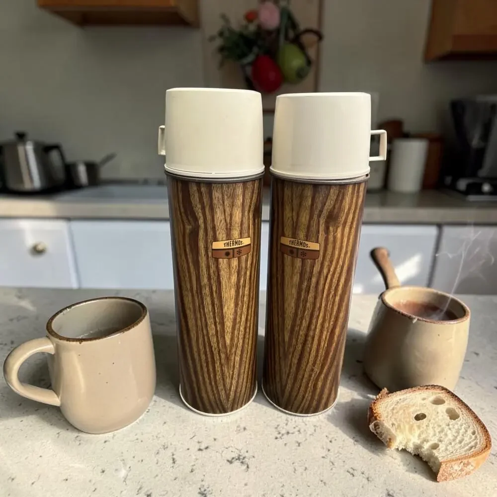 Vintage Thermos Set with Case Woodgrain Mid Century Picnic Thermos King Seeley